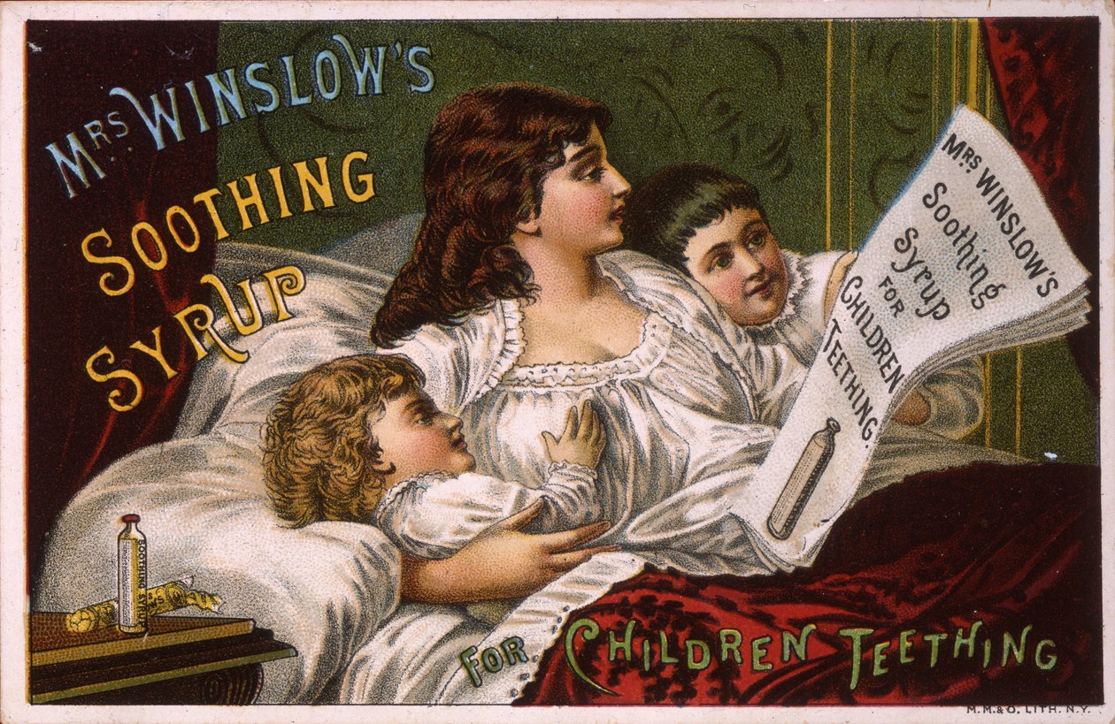 Mrs. Winslowsin rauhoittava siirappi lasten hampaiden puhdistukseen (litho [kauppakortti]) tekijältä American School