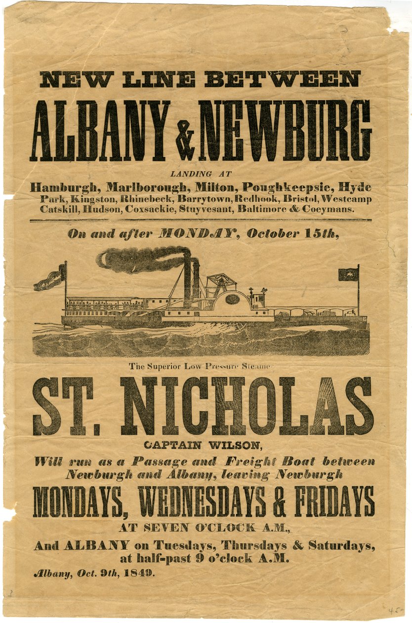 Uusi linja Albanyn ja Newburgin välillä... Superior Low Pressure Steamer St. Nicholas, 1849 (puukaiverrus) tekijältä American School
