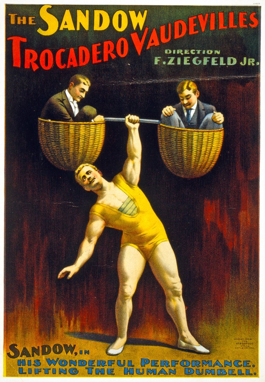 Juliste, joka mainostaa Sandow Trocadero Vaudevillejä n.1894. tekijältä American School