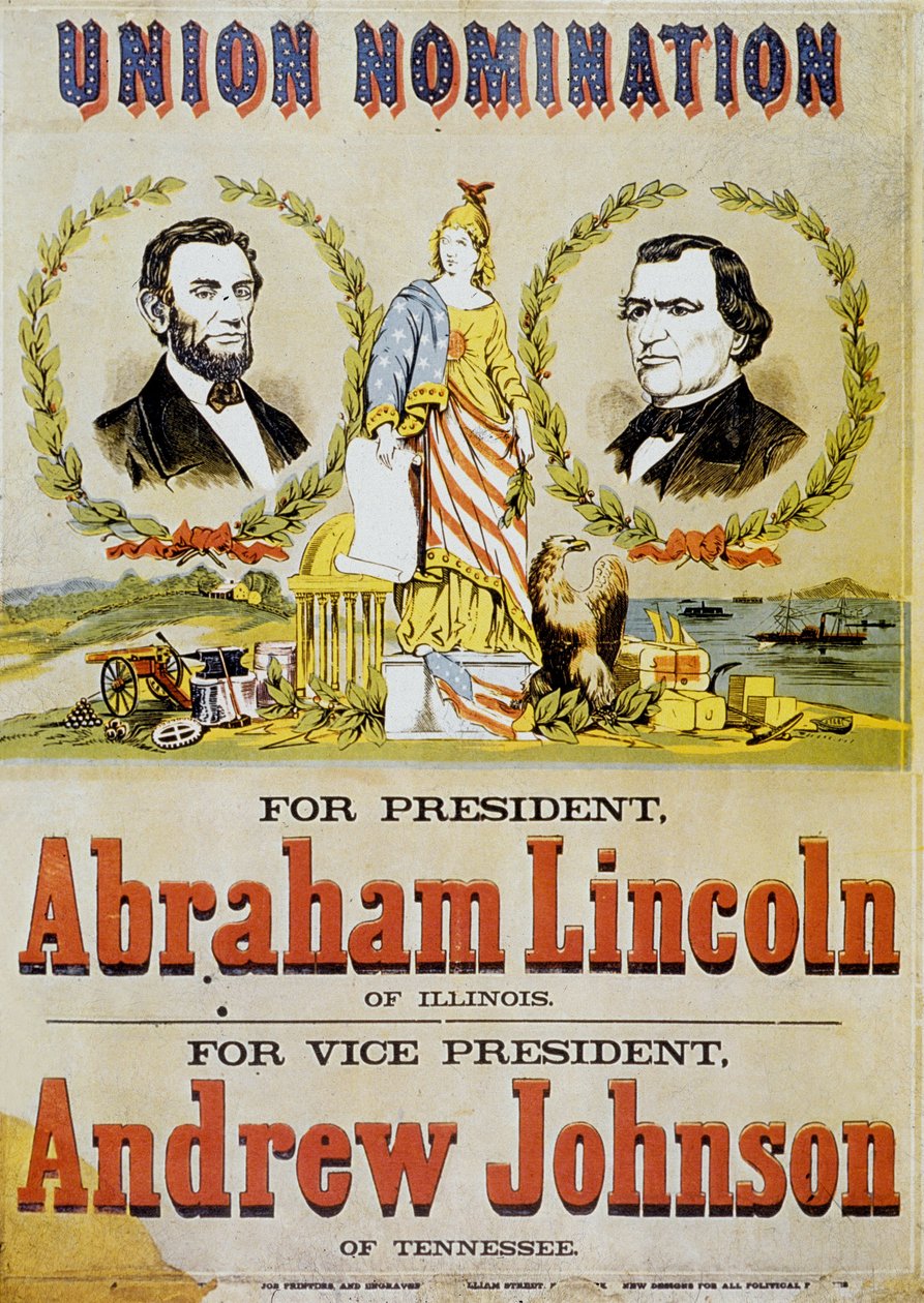 Yhdysvaltain presidentinvaalien juliste: ehdokas Abraham Lincoln ja hänen varapresidenttinsä Andrew Johnson, 1860 tekijältä American School