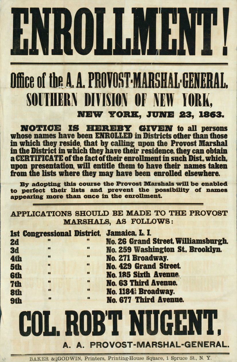 New Yorkin eteläisen osaston rekrytointijuliste, 23. kesäkuuta 1863 tekijältä American School