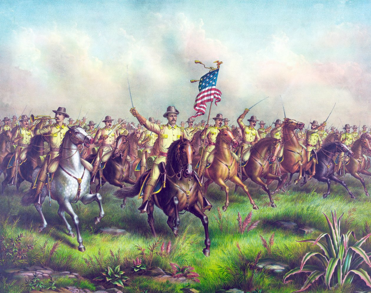 Rough-Riders, jota johti eversti Theodore Roosevelt, julk. 1898 (käsin väritetty kaiverrus) tekijältä American School