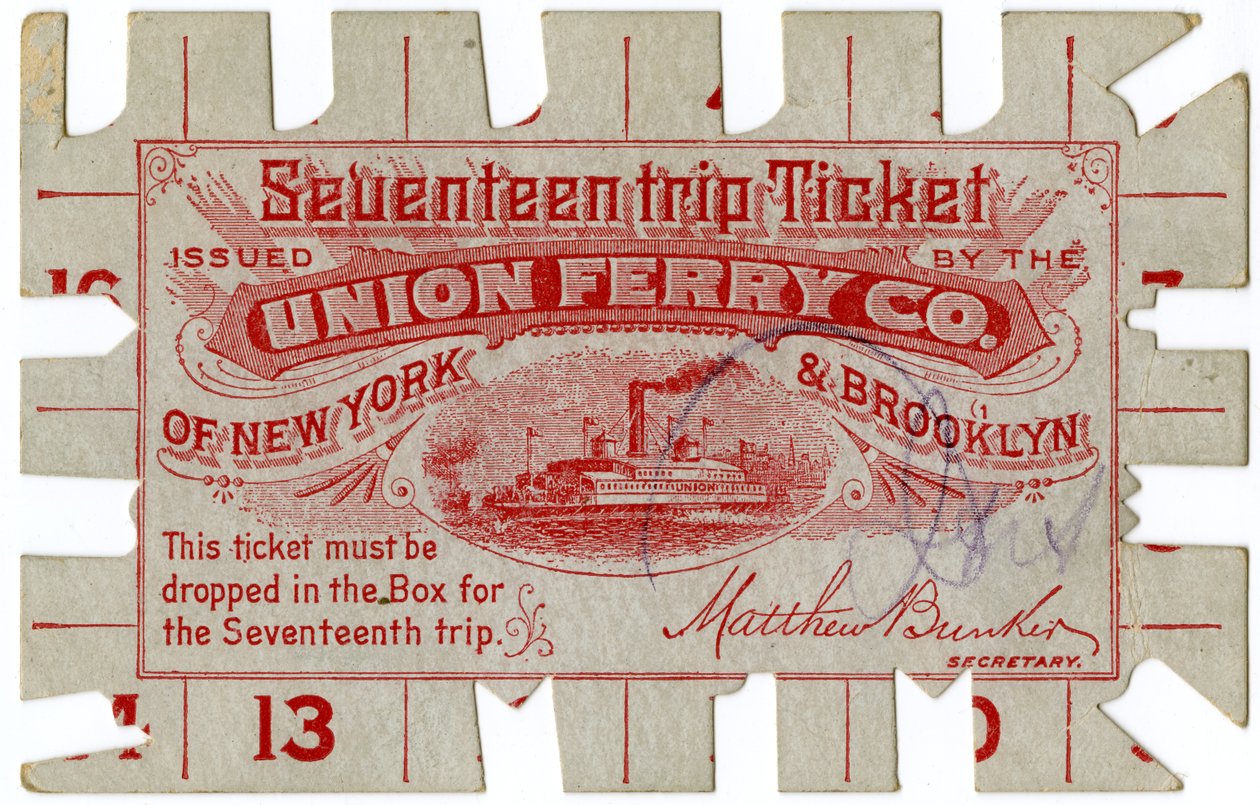 Seitsemäntoista matkalippua, myöntänyt Union Ferry Co. of New York & Brooklyn tekijältä American School