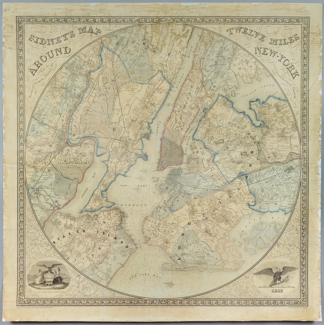 Sidneyn kartta 12 mailia New Yorkin ympäri, Norman Friendin litografia (fl.1850-1871), painaja John Henry Camp (1822-1881), 1849 (kromolitografia) tekijältä American School