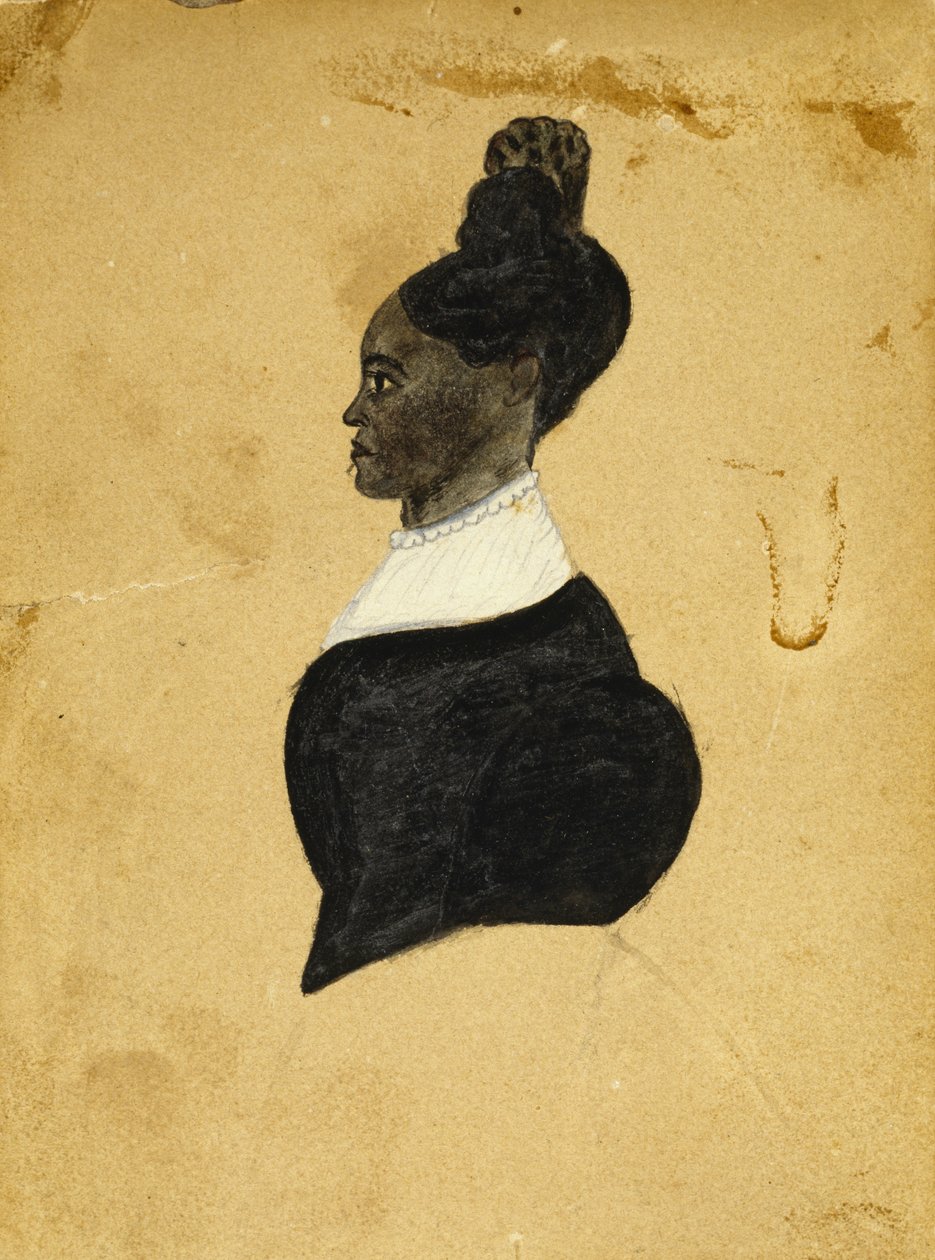 Nuoren naisen siluettipiirros, n. 1840-1850 (musta muste liidulla piirretyllä kudotulla puumassapaperilla) tekijältä American School
