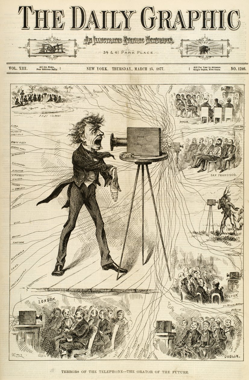 Terrors of the Phone, kuvitus The Daily Graphicista, 15. maaliskuuta 1877 tekijältä American School