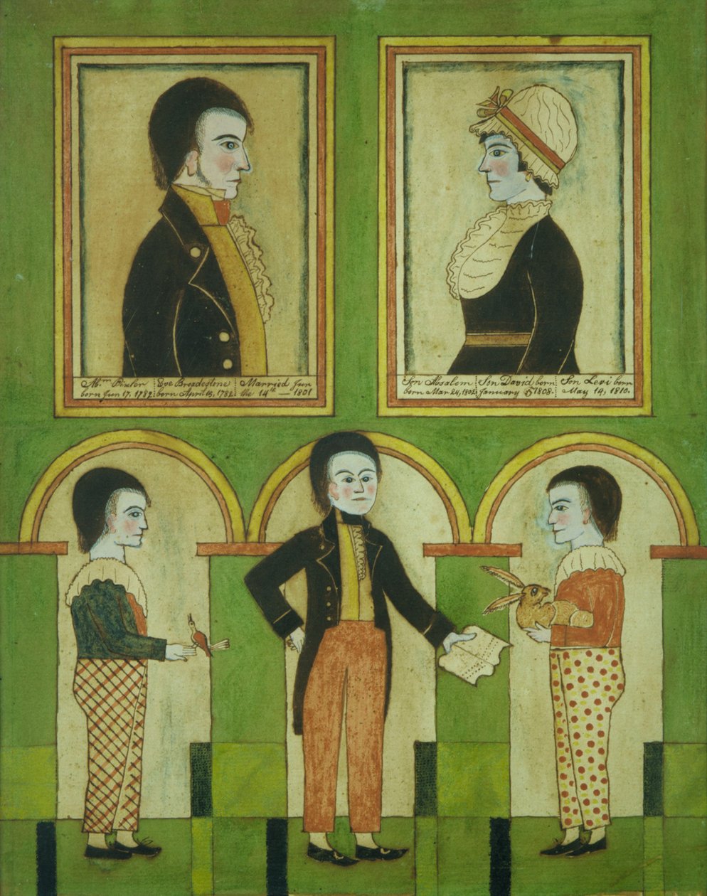 Abraham Pixler Family, n. 1815 (wc, kynä, muste ja guassi paperilla) tekijältä American School