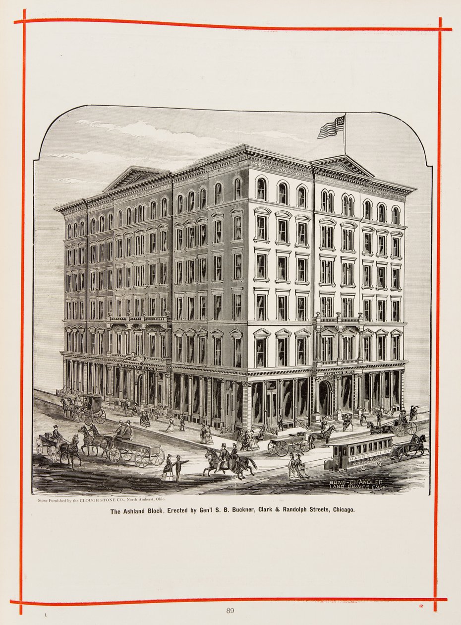 Ashland Block Clark and Randolph Streetillä Chicagossa, kuvitus teoksessa The Merchants and Manufacturers of Chicago Illustrated, 1873 tekijältä American School