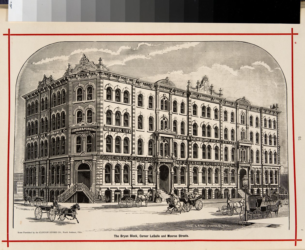 Bryan Block, LaSalle- ja Monroe Streetin kulma, Chicago, kuvitus teoksessa The Merchants and Manufacturers of Chicago Illustrated, 1873 tekijältä American School