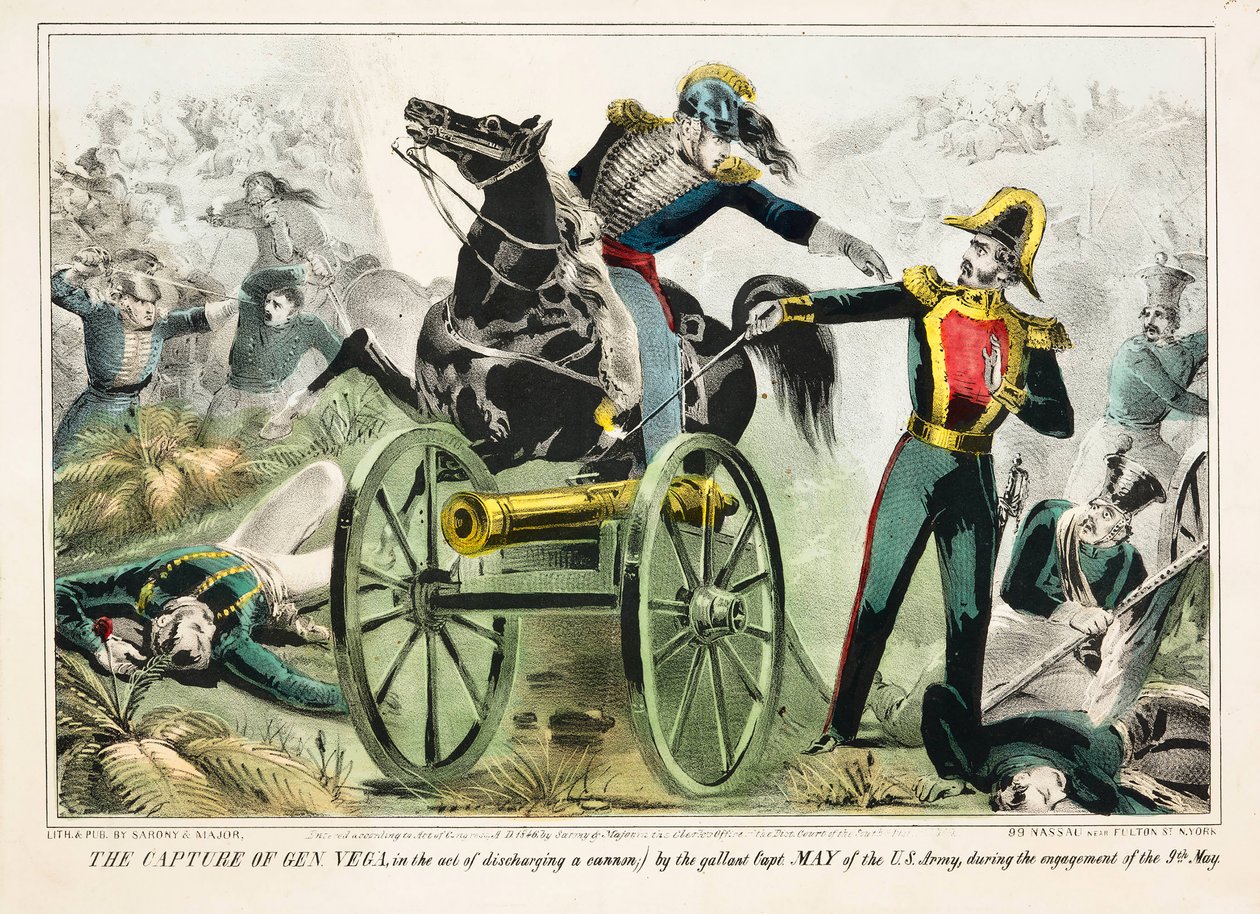 Kenraali Vegan vangitseminen tykin laukaisussa Yhdysvaltain armeijan urhoollisen kapteenin Mayn toimesta taistelun aikana 9. toukokuuta, pub.1846 (käsinvärinen litho) tekijältä American School