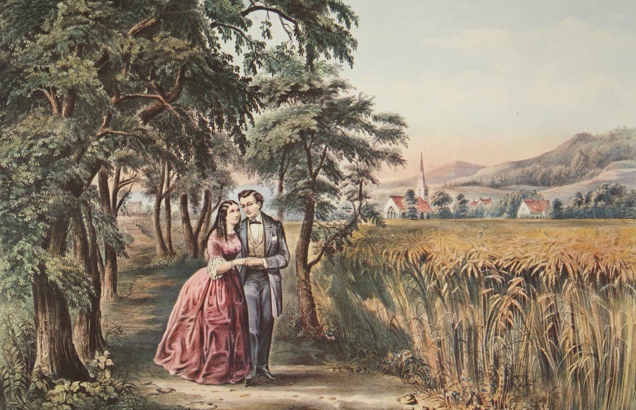 Elämän neljä vuodenaikaa - Nuoriso, Rakkauden kausi , pub. 1868, Currier & Ives tekijältä American School