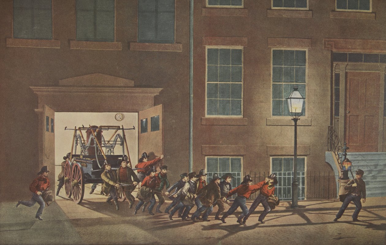 Palomiehen elämä - Yöhälytys, pubi. 1854, Currier & Ives tekijältä American School