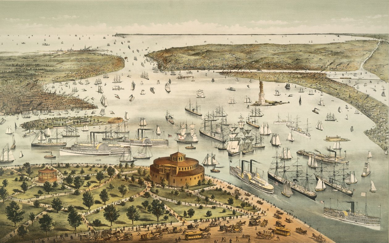 New Yorkin satama: Lintuperspektiivinäkymä akusta, etelään päin, pubi. 1892 tekijältä American School