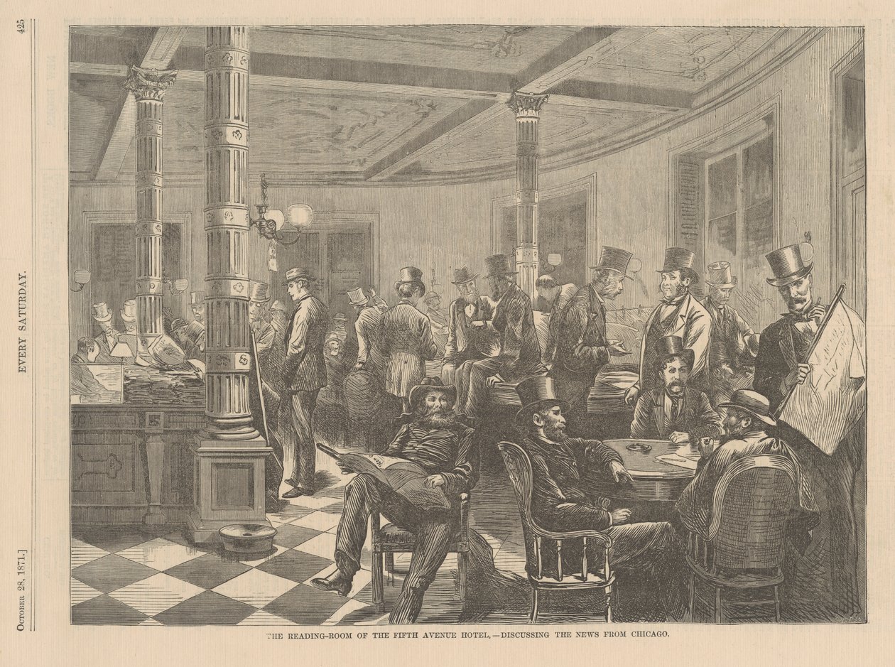 Fifth Avenue -hotellin lukusali New Yorkissa - Keskustelua Chicagon uutisista, kuva joka lauantai, 1871 tekijältä American School