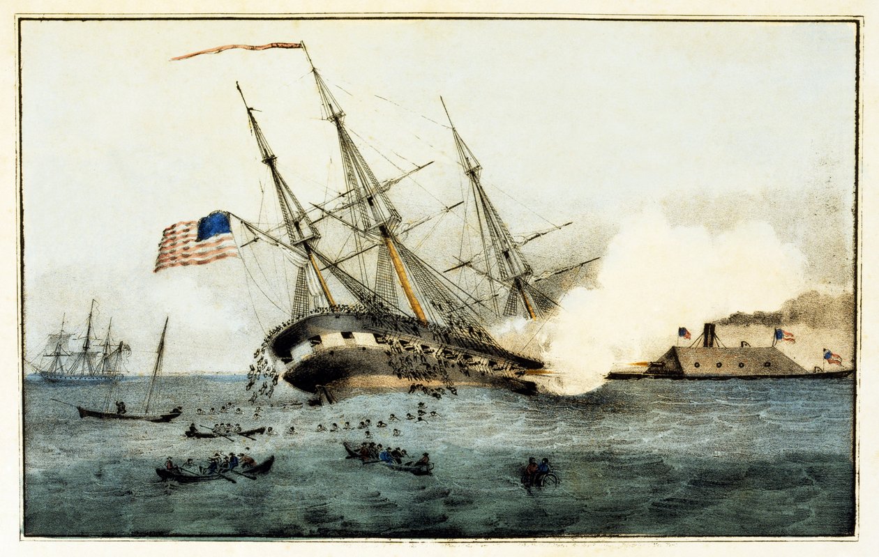 The Sinking of the Cumberland by Iron Clad Merrimac, Newport News, Va., 8. maaliskuuta 1862, pub. 1862 tekijältä American School