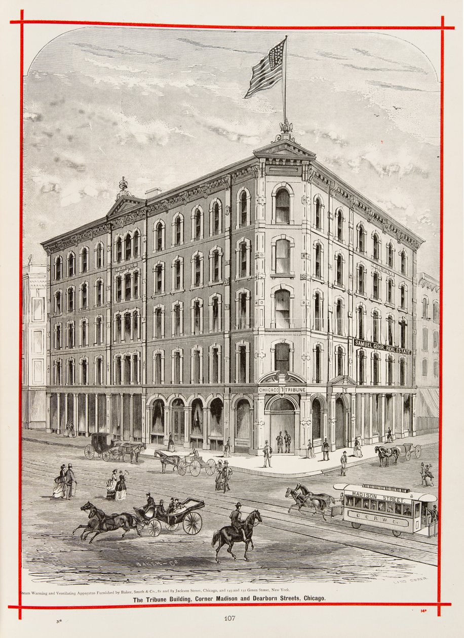 Tribune Building Madison ja Dearborn Streetin kulmassa, Chicago, kuvitus teoksessa The Merchants and Manufacturers of Chicago Illustrated, 1873 tekijältä American School