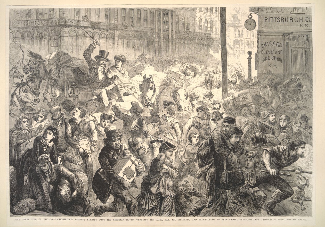 Chicagon suuri tulipalo: Shermanin talon ohi ryntäävät paniikissa olevat kansalaiset, kuvitus Frank Leslies Illustrated Newspaperista, 1871 tekijältä American School