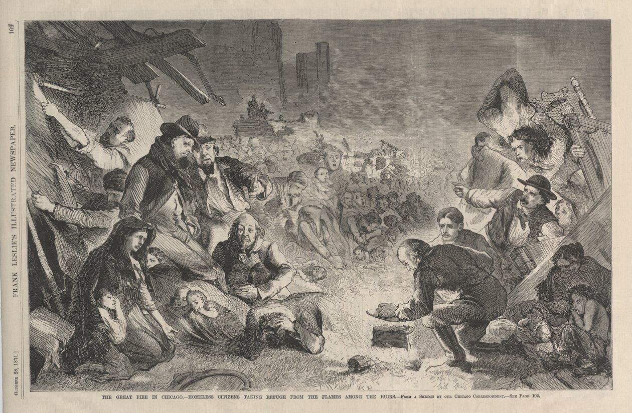 Chicagon suuri tulipalo – kodittomat kansalaiset pakenevat liekkejä raunioiden keskellä, kuva Frank Leslies Illustrated Newspaperista, 1871 tekijältä American School