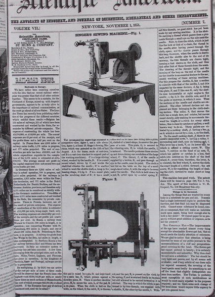 Alkuperäinen ompelukoneen malli, jonka on kirjoittanut Isaac Merrit Singer (1811-75) The Scientific Americanilta, 1.11.1851 tekijältä American School