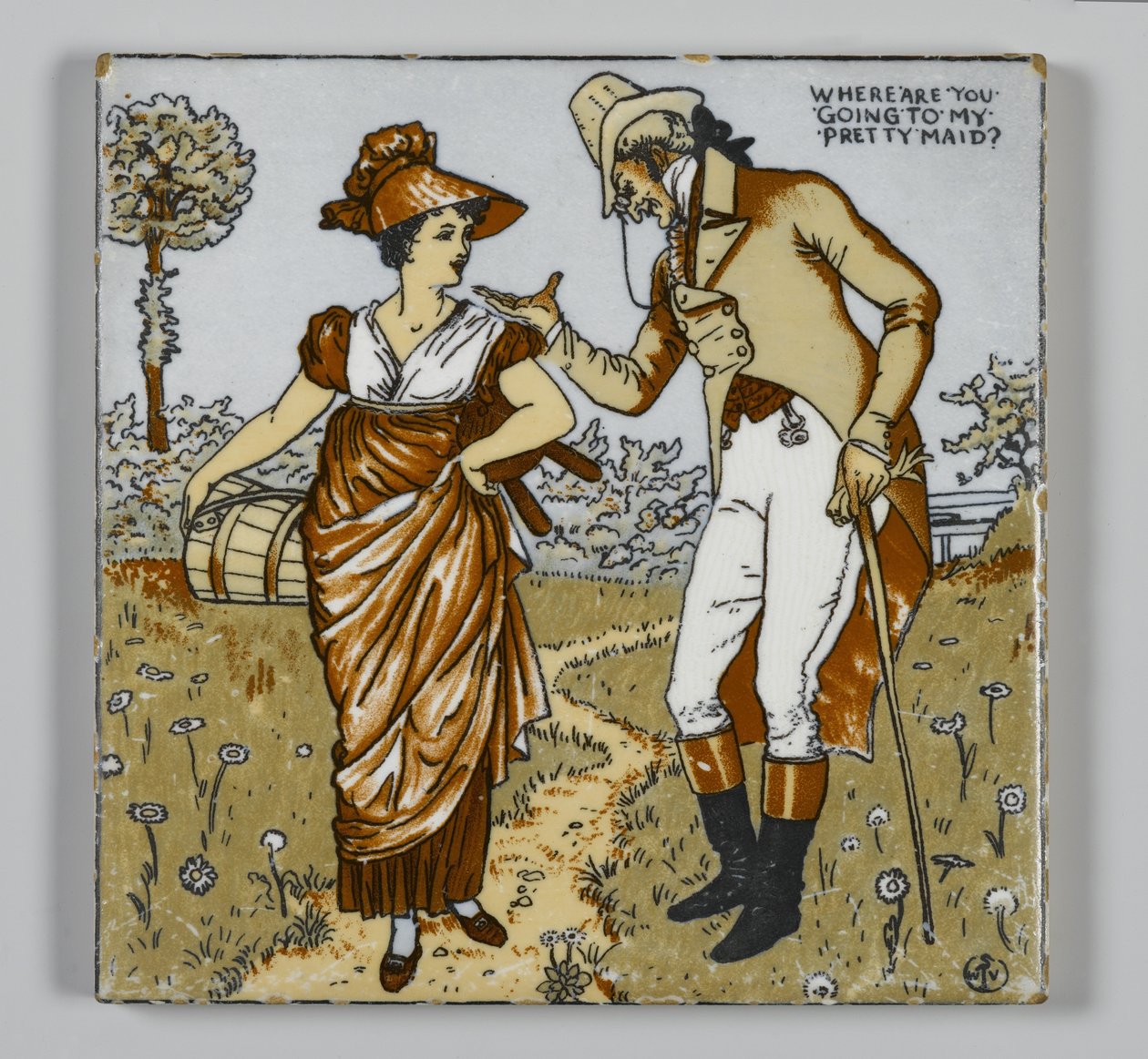 Laatta, jonka on valmistanut Walter T. Crane Wheeling Pottery Company, Wheeling, Länsi-Virginia, n. 1890 (siirtopainettu monivärinen, lasitettu keramiikka) tekijältä American School