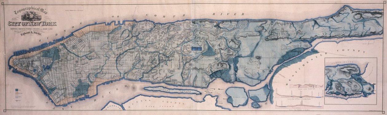New Yorkin topografinen kartta, jossa näkyy vesistöjä ja tehtyä maata, 1865, 1865 (musta muste, väripesu, paperille kankaalla) tekijältä American School