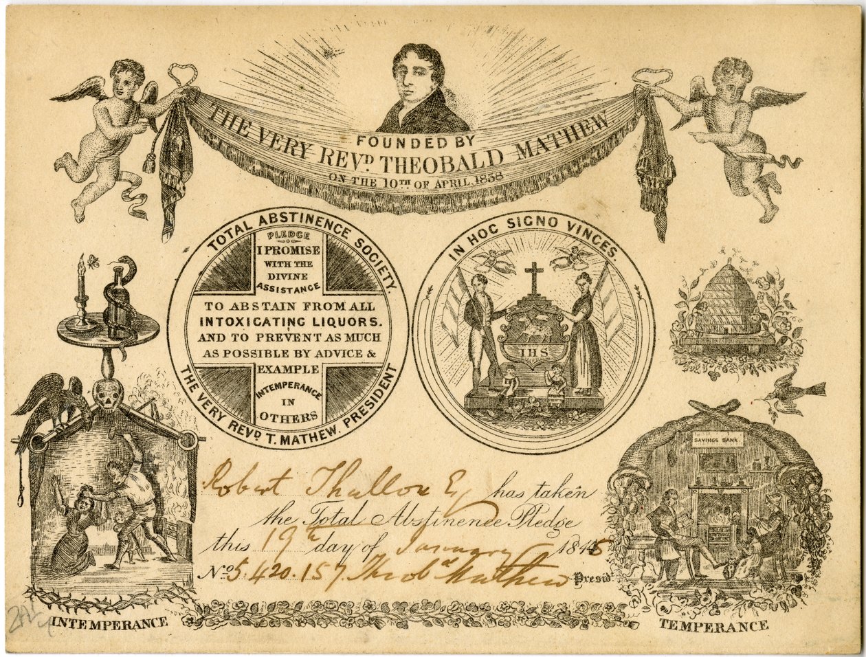 Total Abstinence Society Total Abstinence Pledge -kortti Robert Thallowille, 1845 tekijältä American School