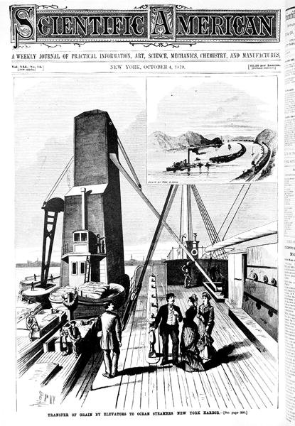 Viljan siirto hisseillä valtamerihöyrylaivoille, New Yorkin sataman kansikuva Scientific Americanista, 4. lokakuuta 1879 tekijältä American School