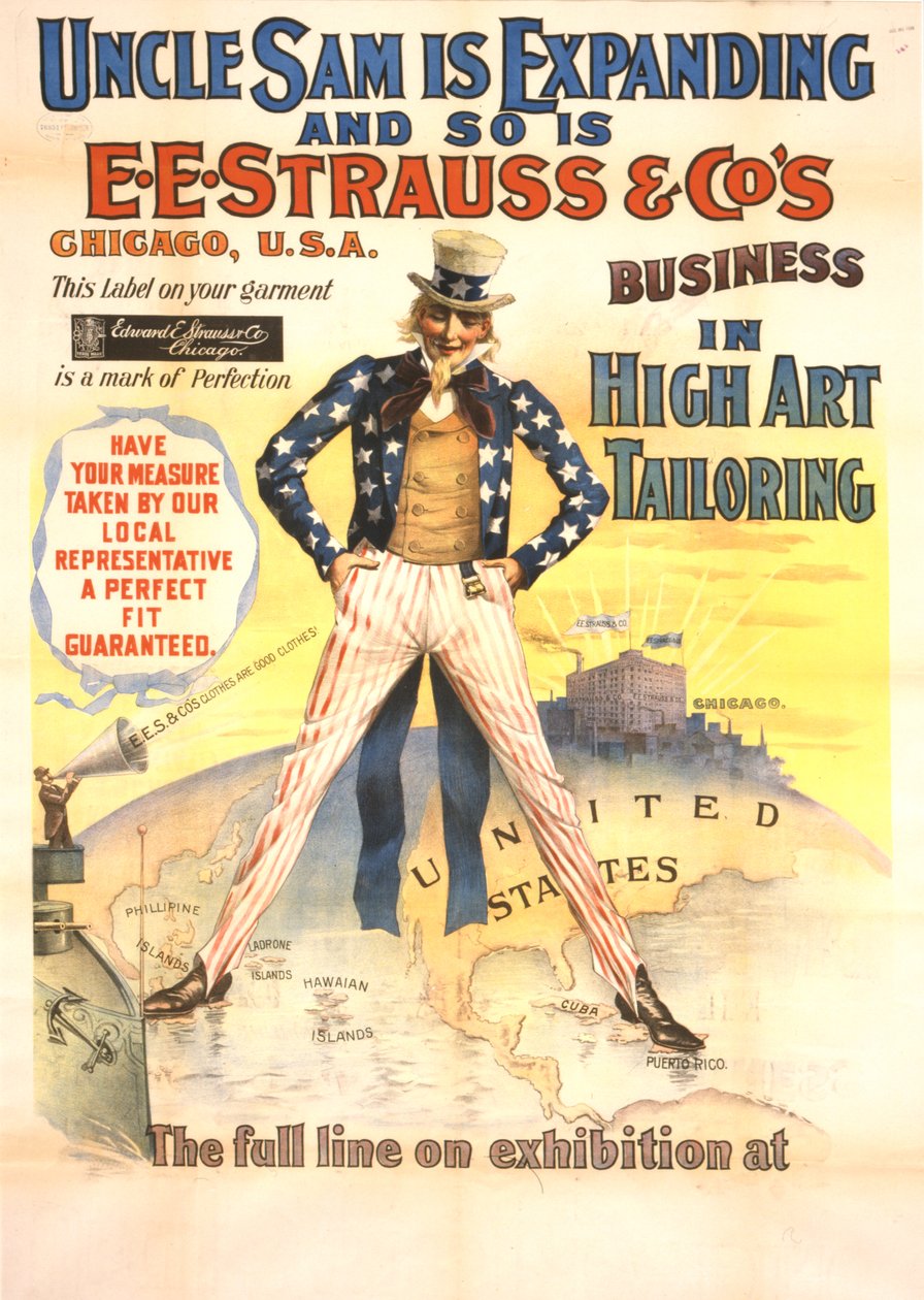 Uncle Sam laajenee, samoin kuin E.E. Strauss & Co:n korkean taiteen räätälöintiliiketoiminta, n. 1898 tekijältä American School
