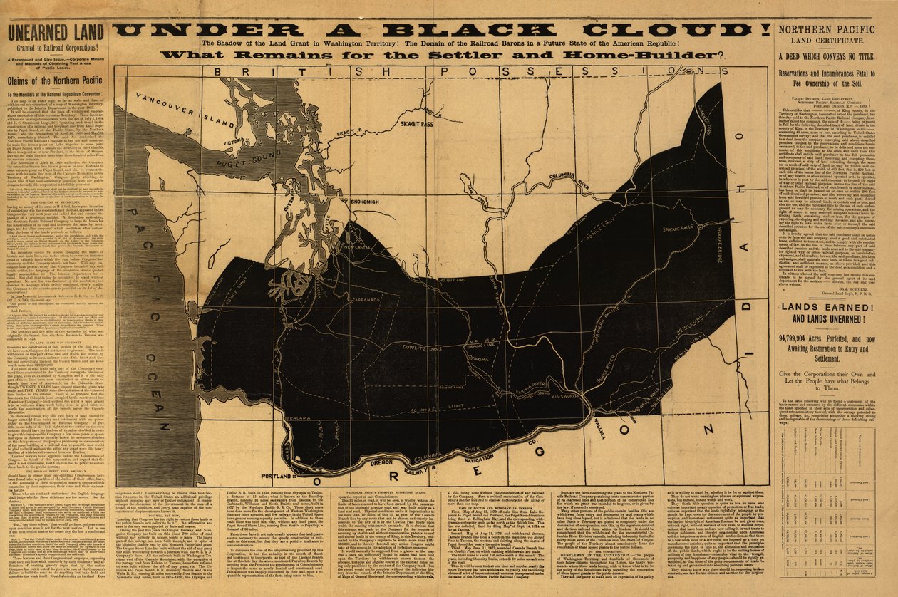 Mustan pilven alla! Mitä jää asukkaalle ja kodinrakentajalle? Sisäministeriön vuonna 1883 julkaisema Washington Territoryn kartta tekijältä American School