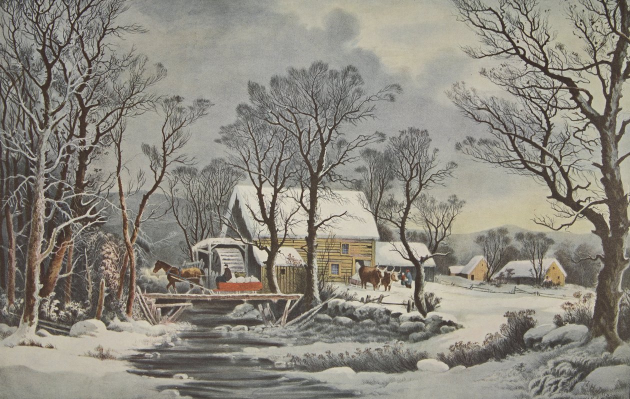 Talvi maassa - Old Grist Mill, pubi. 1864, Currier & Ives tekijältä American School