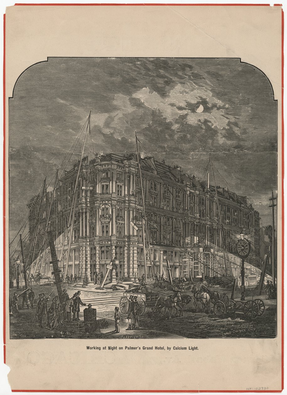 Työskentely yöllä Palmers Grand -hotellissa Calcium Lightin avulla, kuvitus The Land Ownerista, n. 1872 tekijältä American School