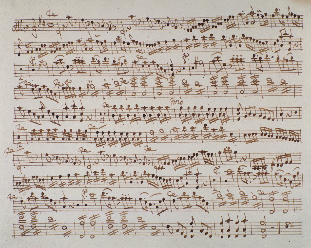 Sivu ensimmäisen viulun partituurista itävaltalaisen säveltäjän Wolfgang Amadeus Mozartin (1756-1791) Mithridate-alkulaulussa, 1770. tekijältä Austrian School