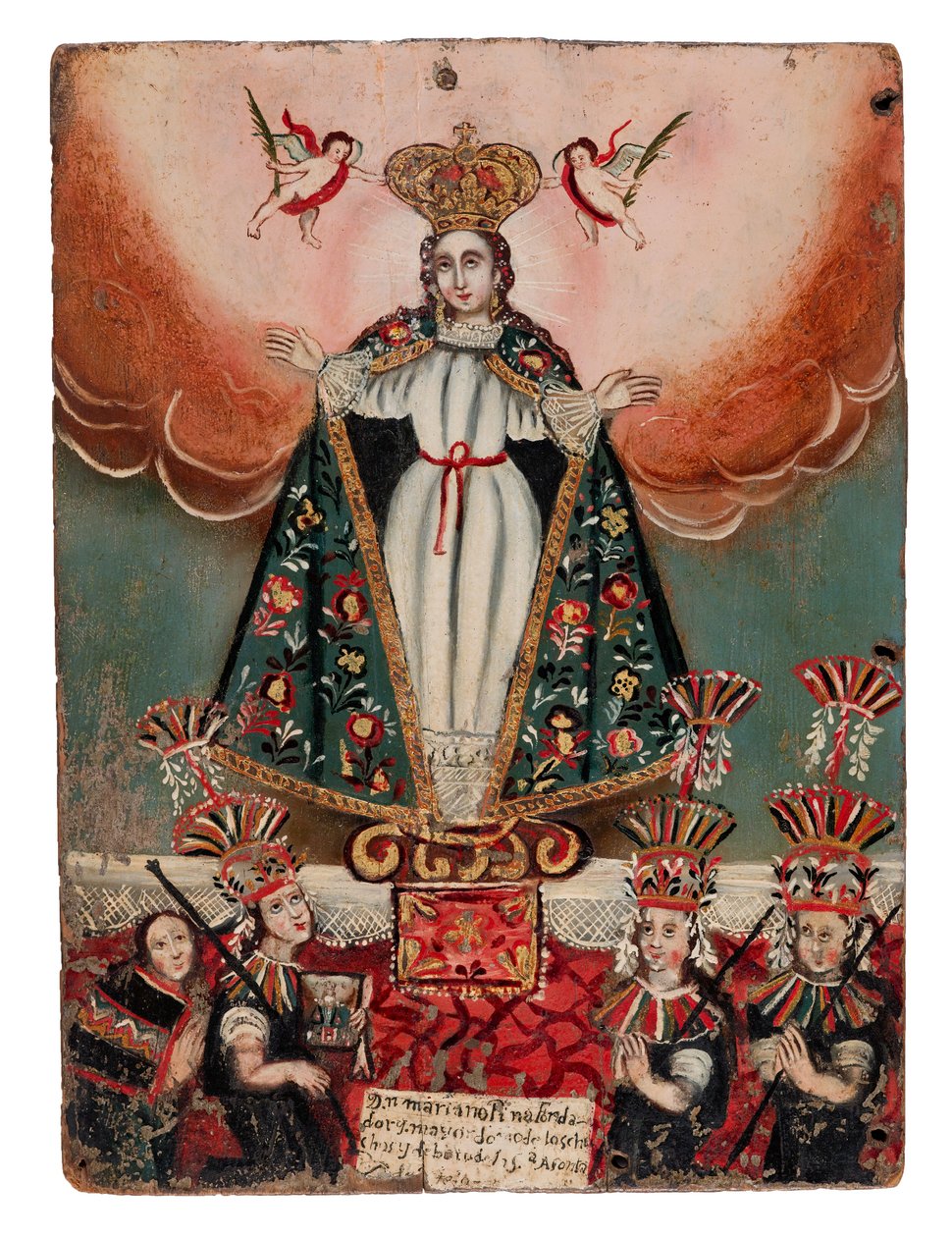 Neitsyt Maria intialaisten lahjoittajien kanssa, 1752 (öljy puulevylle) tekijältä Bolivian School