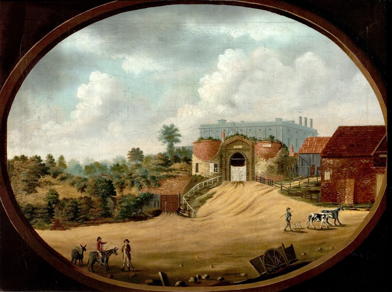 Näkymä muinaiselle portille ja linnalle, Nottingham, n. 1795 tekijältä British School
