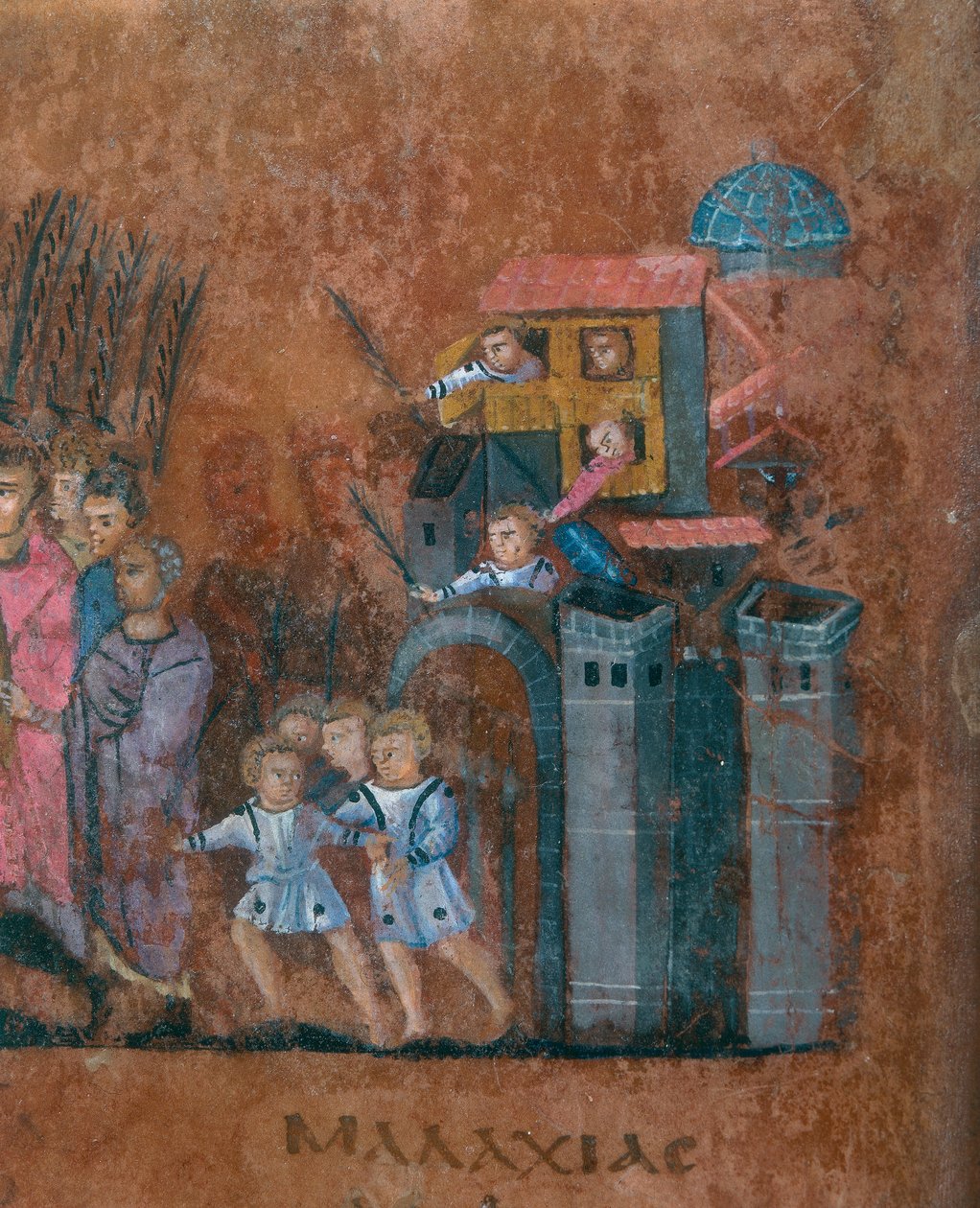 Yksityiskohta folion Codex Purpureus Rossanensis, kreikkalaisen evankelista pienoiskoossa yhdessä scriptorium luultavasti Antiokiassa Syyriasta tai Cesarea Palestiina. Säilytetty Rossanon hiippakunnan museossa vuonna tekijältä Byzantine School