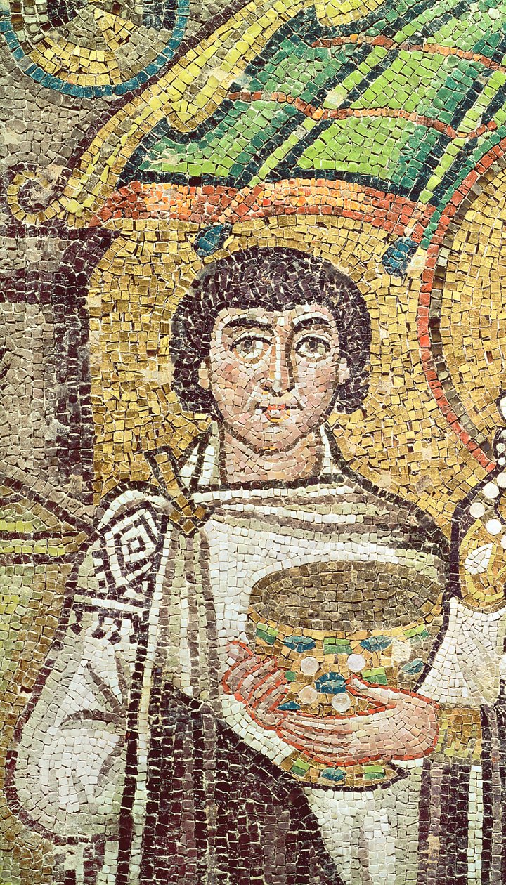 Keisarinna Theodora kahden ministerin ja seitsemän naisen hovin kanssa, n. 547 jKr (mosaiikki) (220592 yksityiskohta) tekijältä Byzantine School
