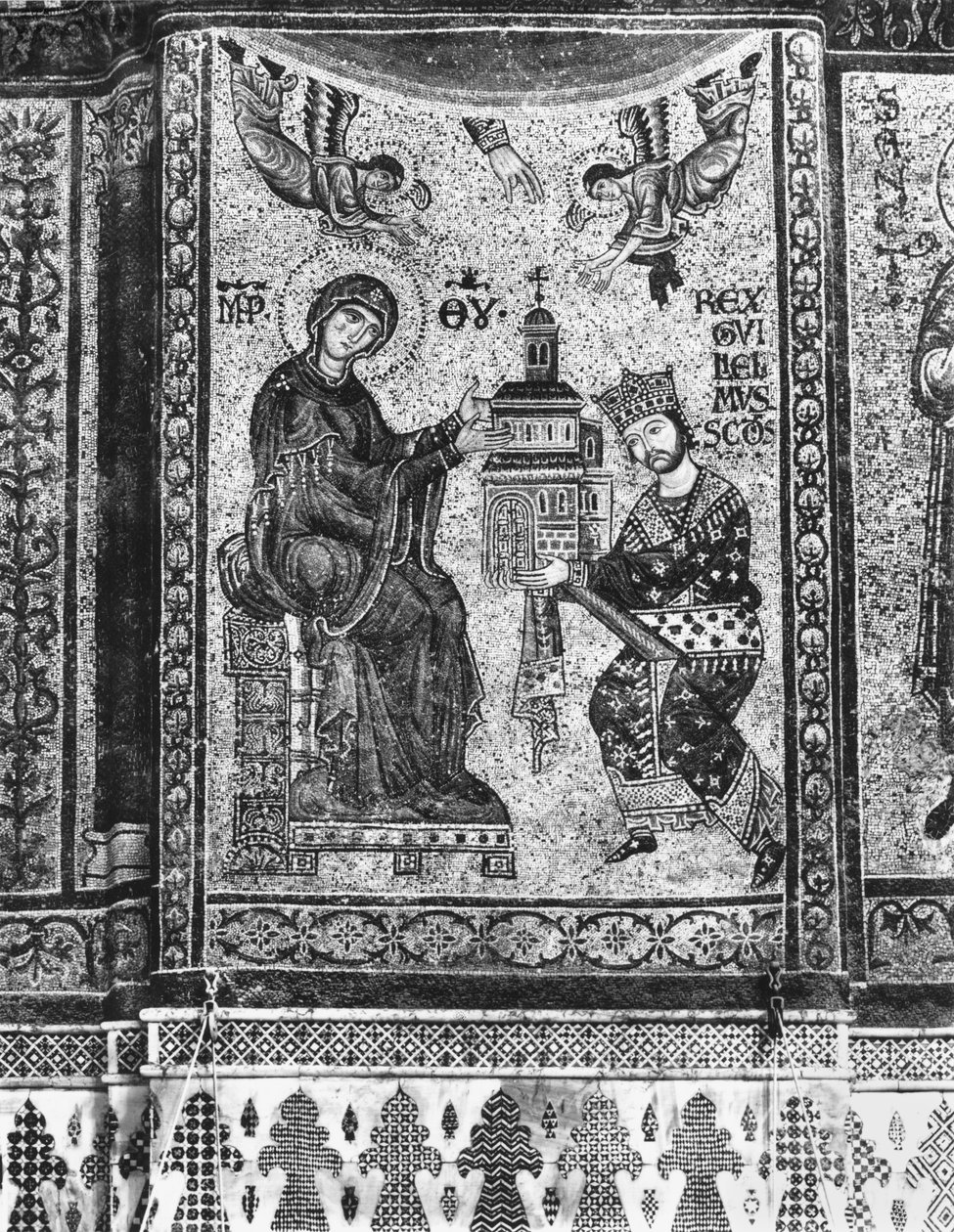 Sisilian kuningas William II tarjoaa Monrealen kirkon Neitsyelle (mosaiikki) tekijältä Byzantine School