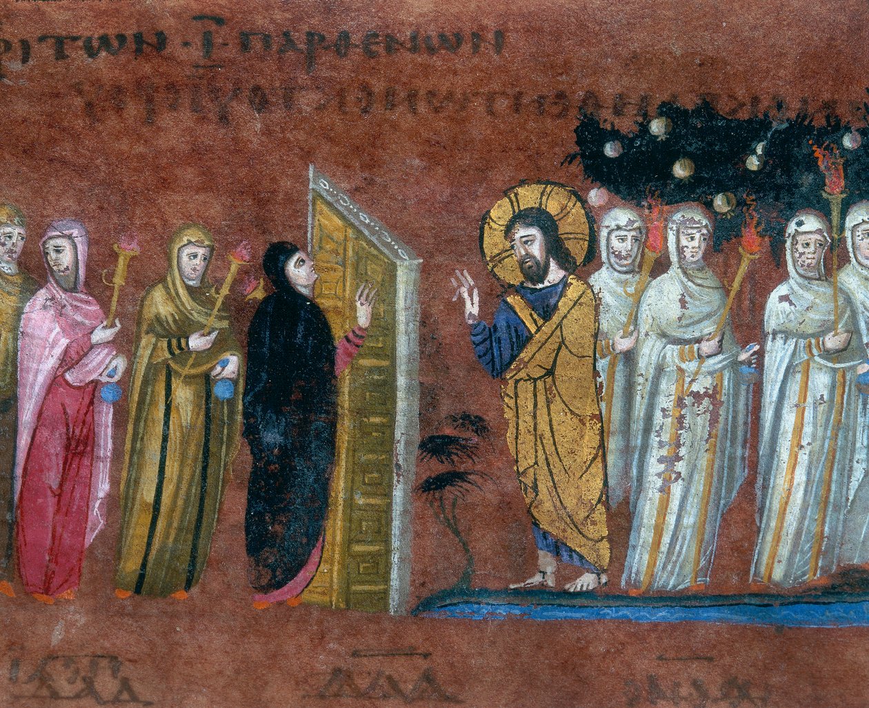 Vertaus kymmenestä neitsyestä, yksityiskohta Codex Purpureus Rossanensisin pienoiskuvasta, kreikkalaiset evankelistot pienoiskoossa luultavasti Syyrian Antiokiassa tai Cesarea Palestiinassa ja säilytetään Di tekijältä Byzantine School