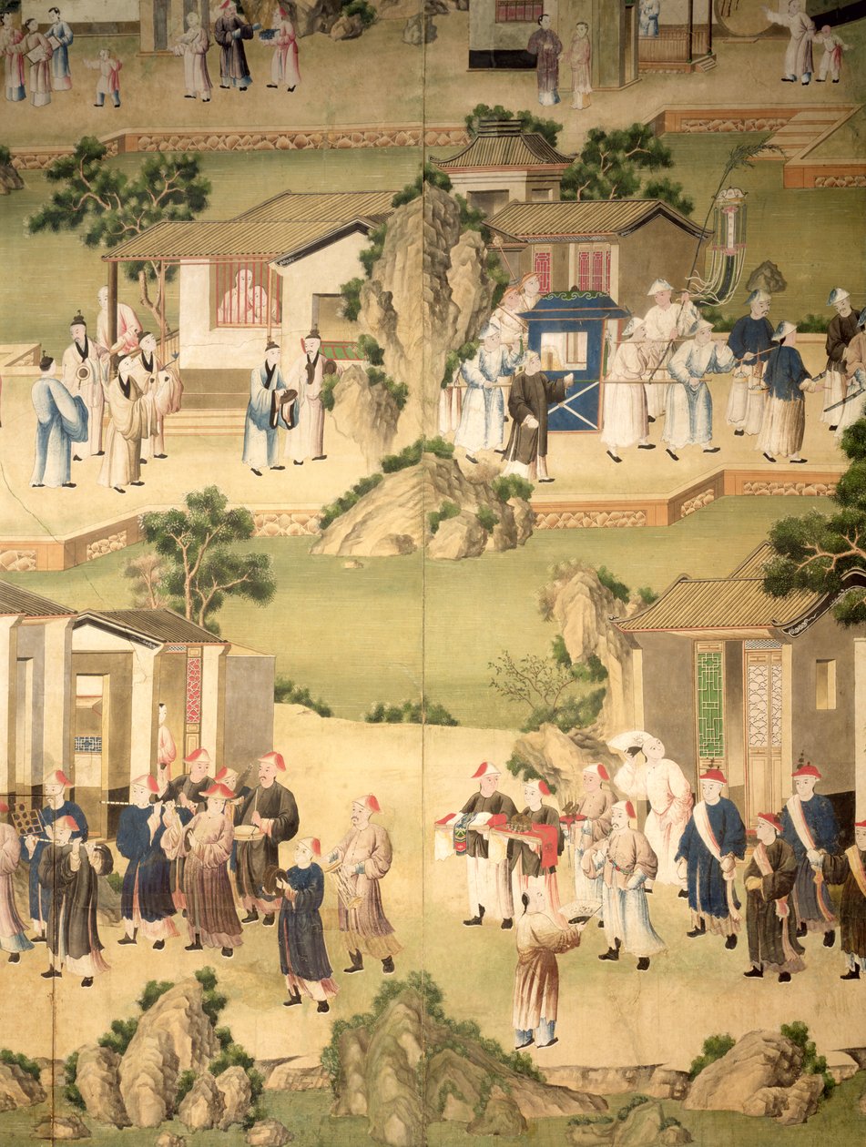 Yksityiskohta tapetista, joka kuvaa hautajaiskulkue, 1780 tekijältä Chinese School