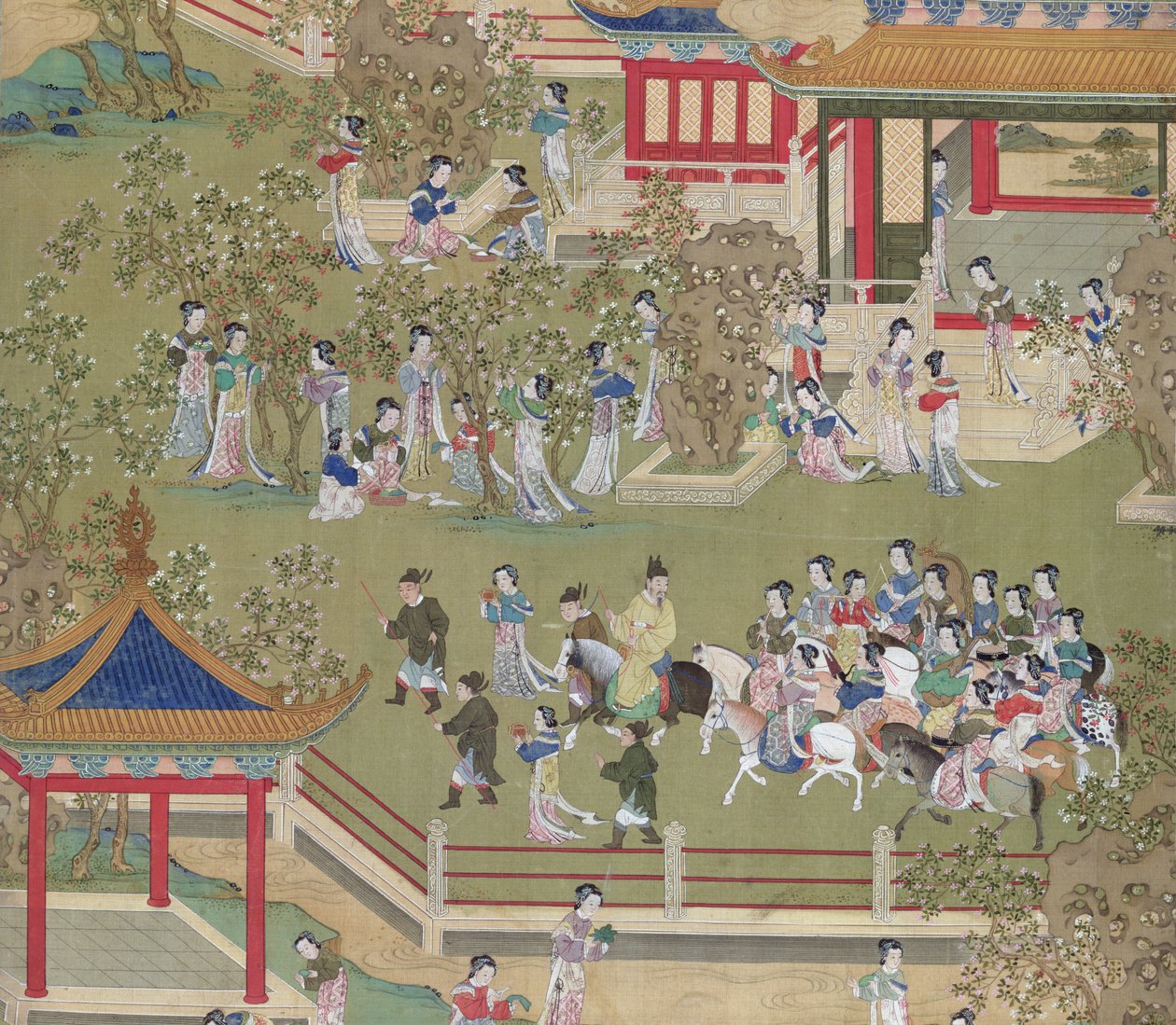 Keisari Yang Ti (581-618) kävelee puutarhoissaan vaimojensa kanssa Kiinan keisarien historiasta (väri silkillä) (yksityiskohta 39132) tekijältä Chinese School