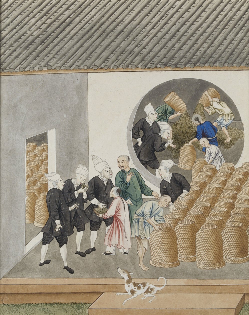 Turbanoidut hollantilaiset VOC-kauppiaat haisevat laadukasta teetä kantonin (Guangzhou) teevarastossa, n. 1770 tekijältä Chinese School