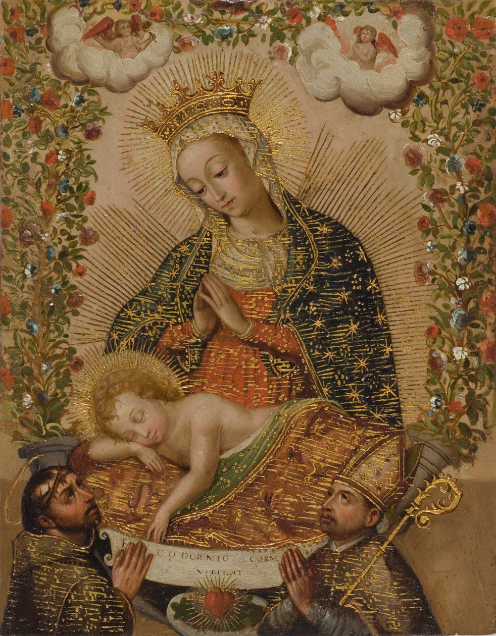 Neitsyt, joka palvoo Kristus-lapsia kahden pyhän kanssa, 1700-luku (öljy kullalla kuparilla) tekijältä Cuzco School
