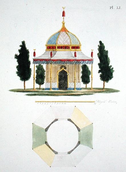 Suunnittelu hindoo-tyyliselle puutarharakennukselle, G. van Laarin Magazine of Garden Gems, julkaistu 1802 (katso myös 172961) tekijältä Dutch School