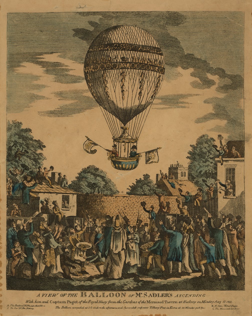 Näkymä herra Sadlersin ilmapallosta nousemassa hänen ja kuninkaallisen laivaston kapteeni Pagetin kanssa Mermaid Tavernin puutarhasta Hackneyssa maanantaina 12. elokuuta 1811 tekijältä English School