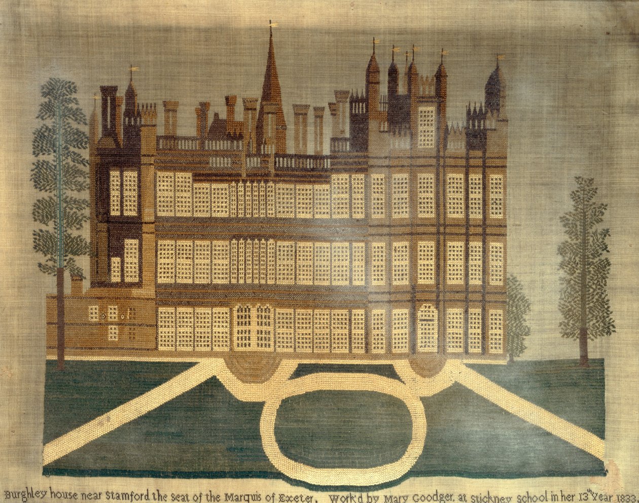 Burghley House lähellä Stamfordia, 1833 (ristipisto liinavaatteisiin) tekijältä English School