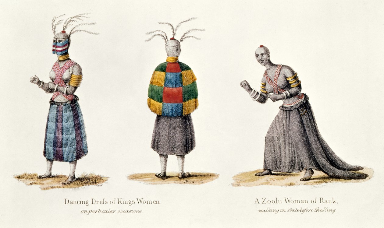 Kuninkaiden naisten tanssimekko ja arvostettu zulunainen, kuvitus A. F. Gardinerin kertomuksesta Matka Zulu-maahan, 1836 tekijältä English School