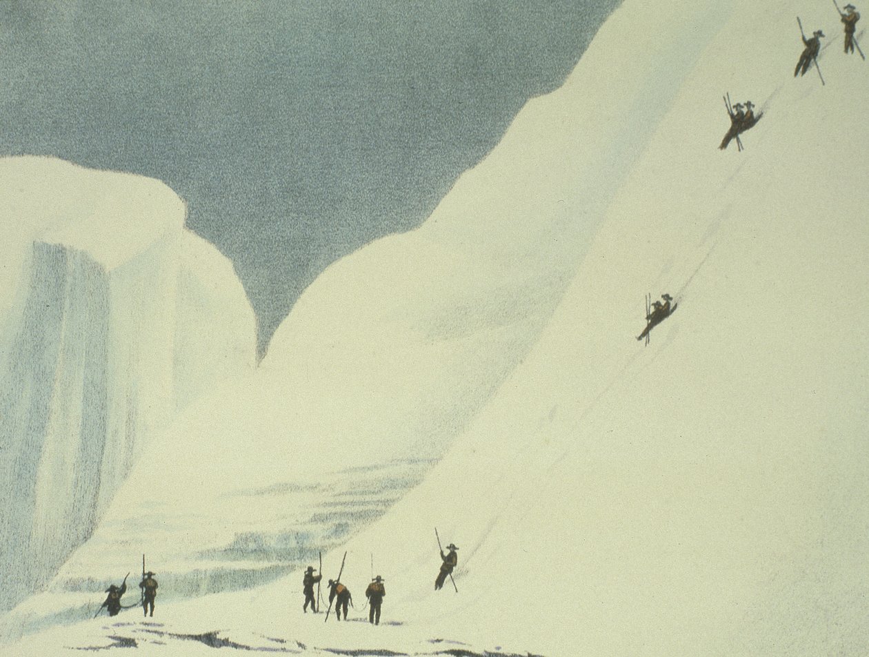 Laskeutuminen jyrkkiä lunta, Charles Fellowsin (1799-1860) kertomuksesta noususta Mont Blancin huipulle, julkaistu 1827 tekijältä English School