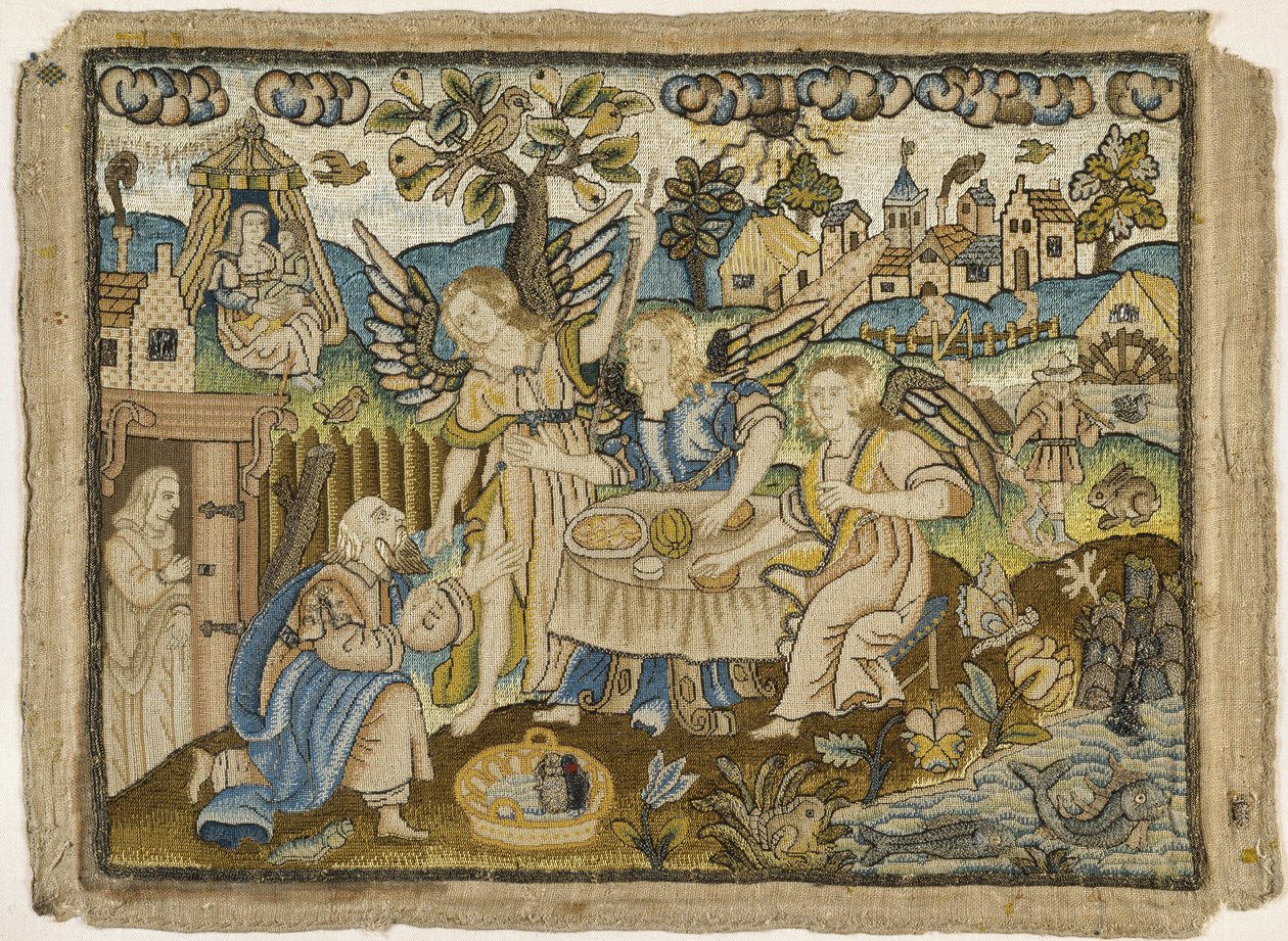 Brodeerattu kuva: Abraham viihdyttämässä enkeleitä, 1600-luvun toinen puoli (silkki- ja metallilangat pellavassa) tekijältä English School