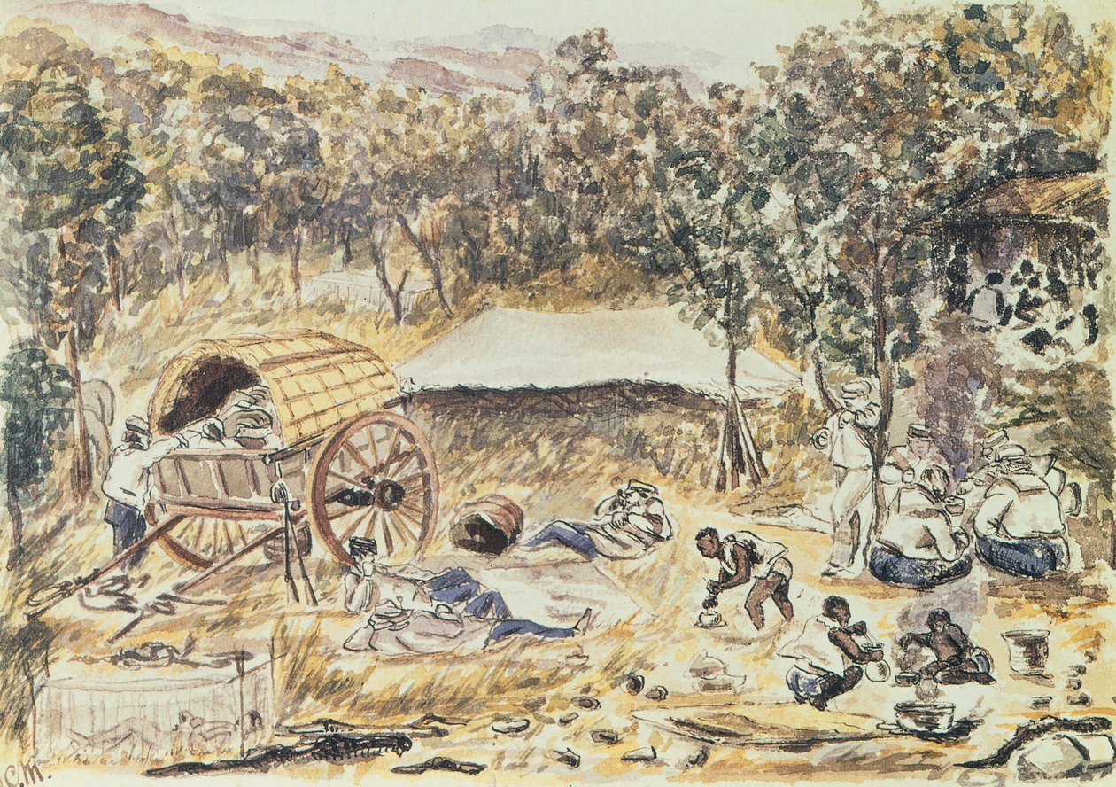Iltapysähdys matkalla etsimään tietä Lady Nyasan kuljetukseen putouksista järvelle, n. 1863 (wc paperilla) tekijältä English School