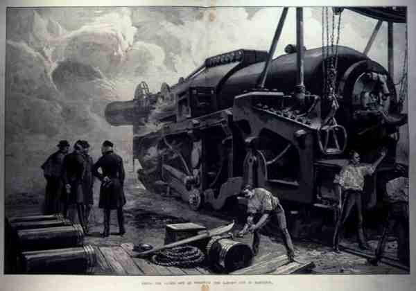 111 tonnin ampuminen Woolwichissa (suurin olemassa oleva ase), The Illustrated London News, 11. kesäkuuta 1887 tekijältä English School